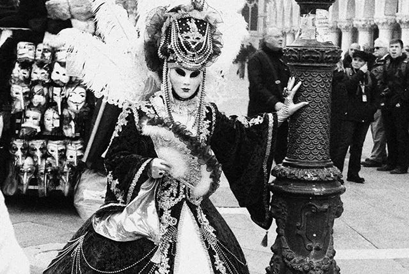 Costumed figure in an elaborate mask at the Venice carnival, photograph by Dawn O’Donoghue New Day Therapies
